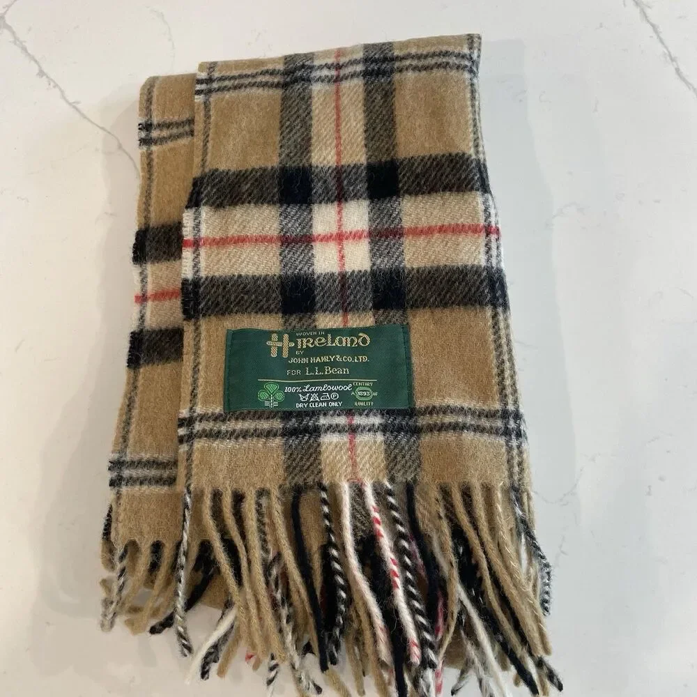 John Hanly for LL Bean 100% Lambswool Scarf Made in Ireland Tartan Plaid